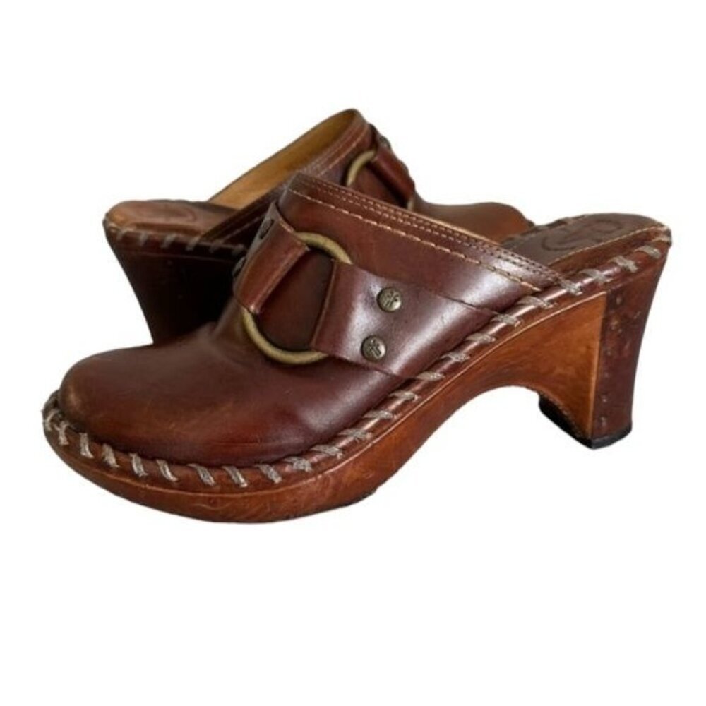 FRYE Women's Charlotte Logo Ring Tan Cognac Leather Clog/Mule Sz 6 - Picture 1 of 12